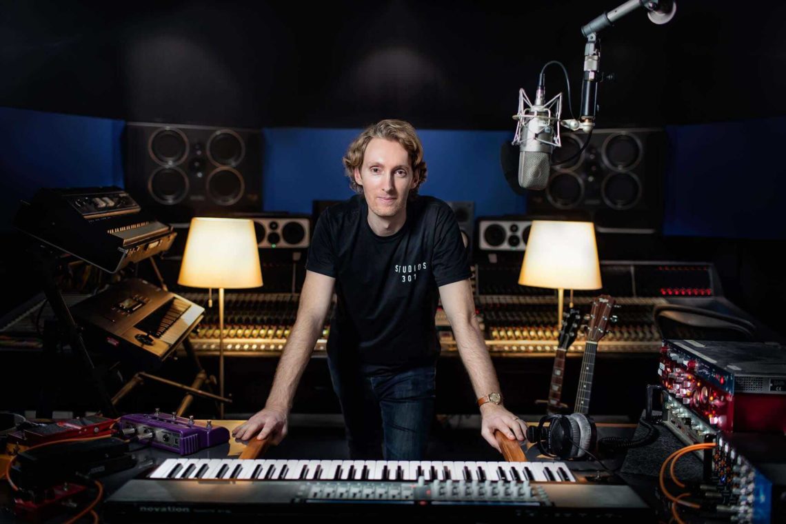 Simon Cohen in the recording studio at Studios 301, Sydney surrounded by a selection of music gear
