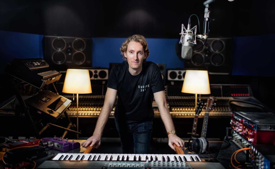 Simon Cohen in the recording studio at Studios 301, Sydney surrounded by a selection of music gear